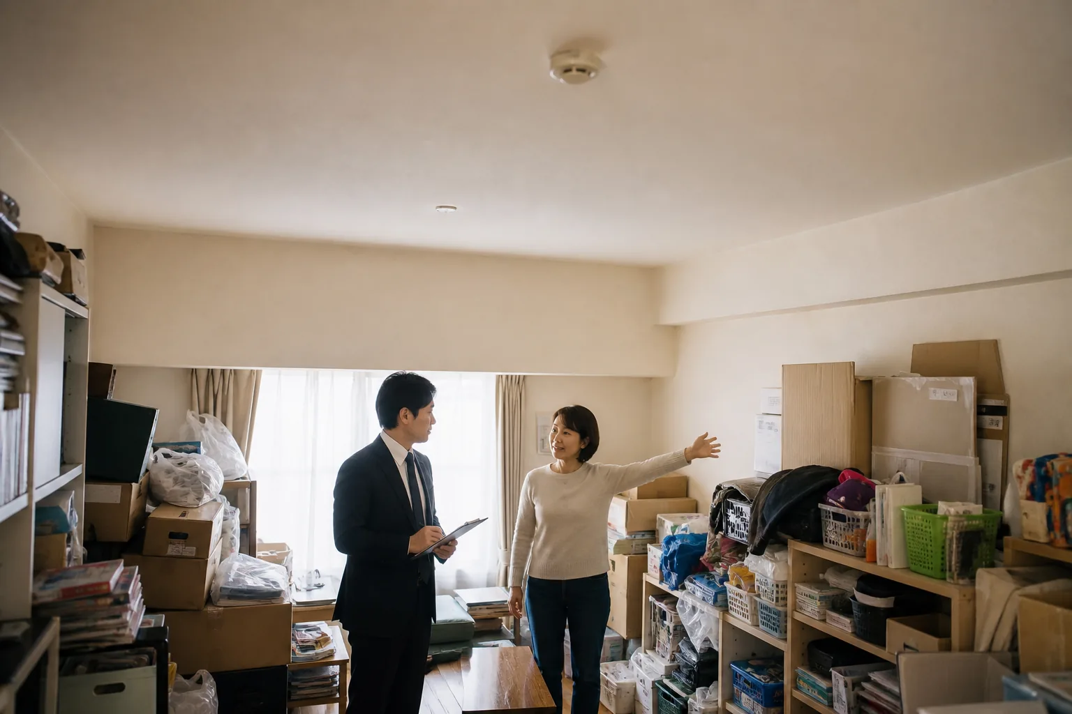 足立区の住宅の一室で、積み上がった家財を前にスタッフが女性と話している様子