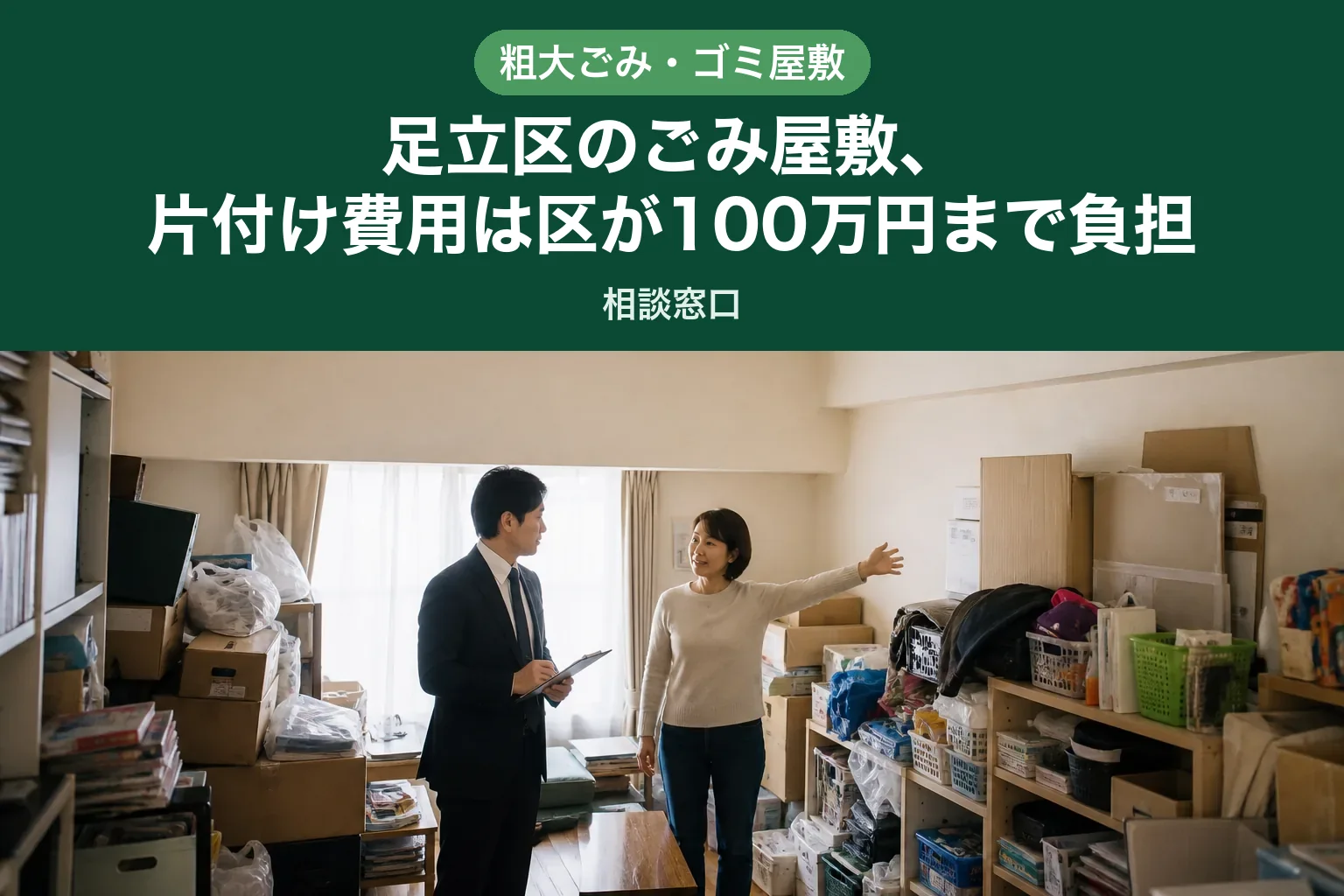 足立区の住宅の一室で、積み上がった家財を前にスタッフが女性と話している様子