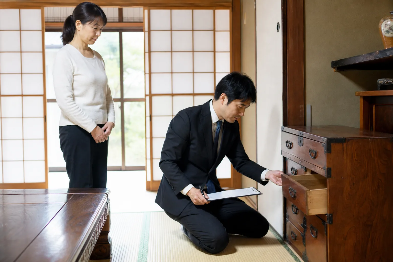 スーツ姿の査定士が、足立区のご自宅で和たんすの引き出しを開けて状態を確認している様子