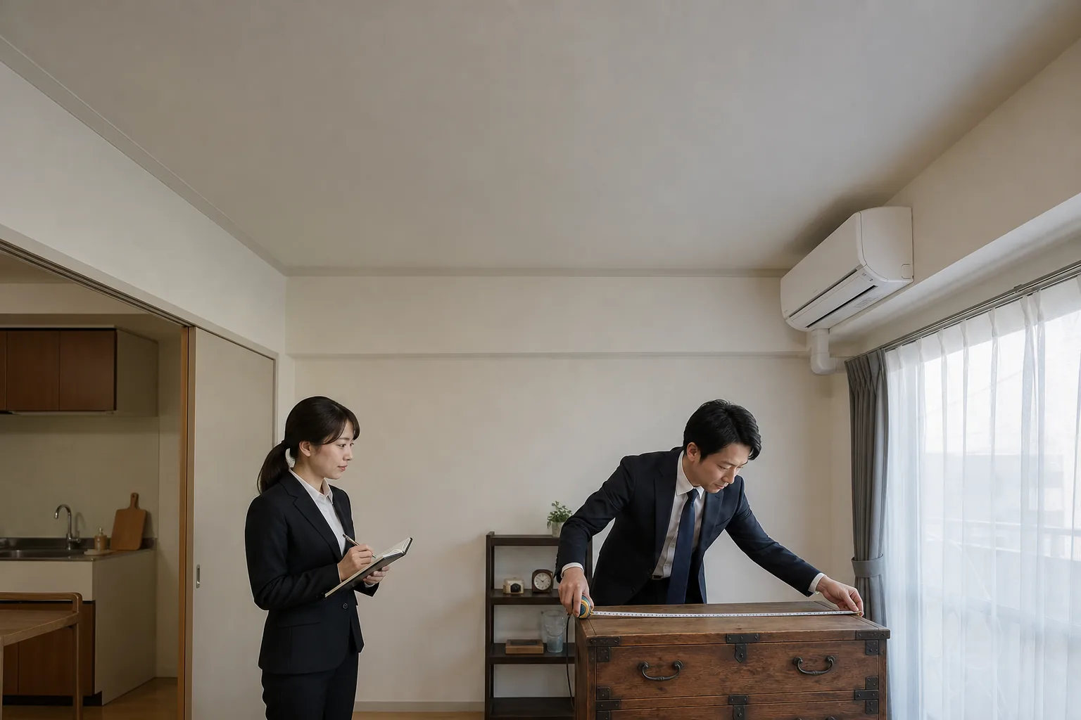 荒川区の集合住宅の一室で、処分する家具の寸法を測っている様子