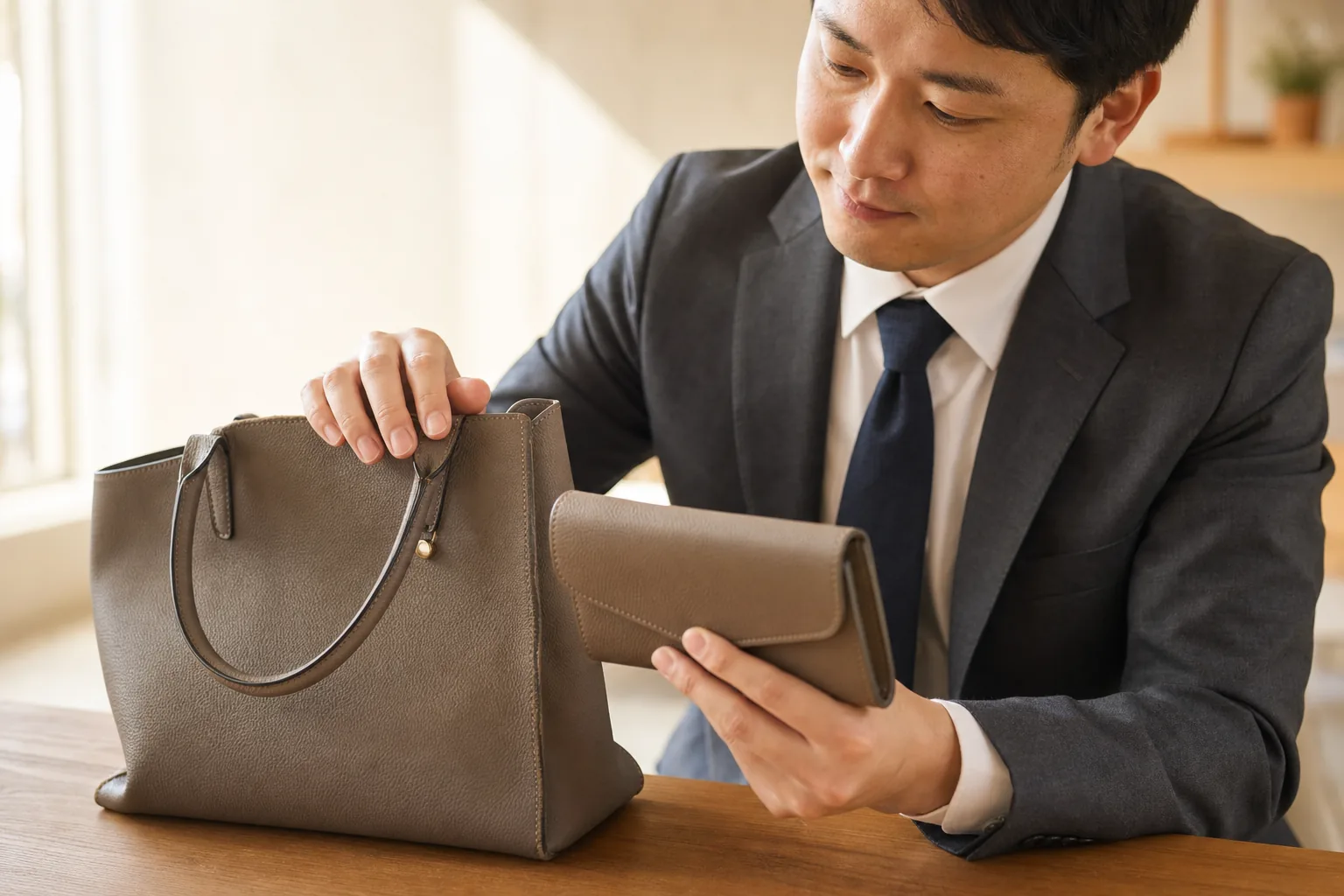 スーツ姿の査定士が、テーブルの上に並べられたブランドバッグと財布を、付属品の保存袋とあわせて丁寧に確認している自宅訪問査定の様子
