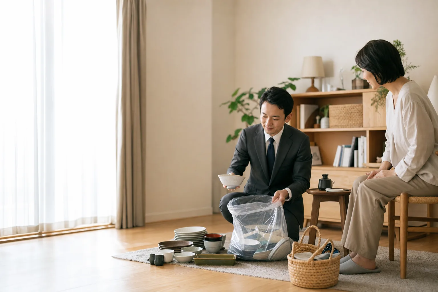 スーツ姿の査定士が、リビングに集められた家具や家電を高齢のお客様と一緒に一点ずつ確認している様子