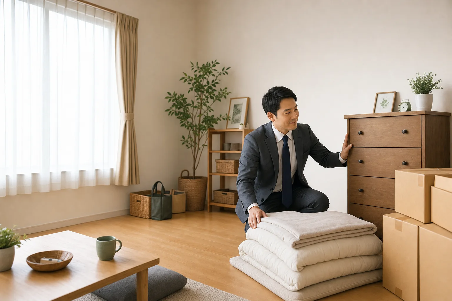 スーツ姿の査定士が、畳まれた布団を確認しながら奥に積まれた引っ越し用の段ボール箱を見ている訪問査定の様子