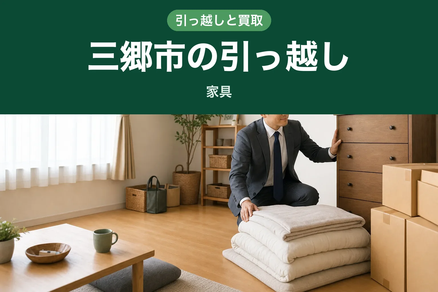 スーツ姿の査定士が、畳まれた布団を確認しながら奥に積まれた引っ越し用の段ボール箱を見ている訪問査定の様子