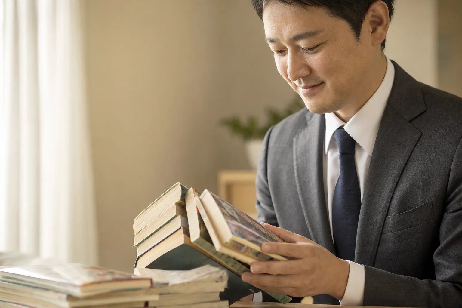 スーツ姿の査定士が、床に積まれた本や漫画の山を確認している自宅訪問査定の様子