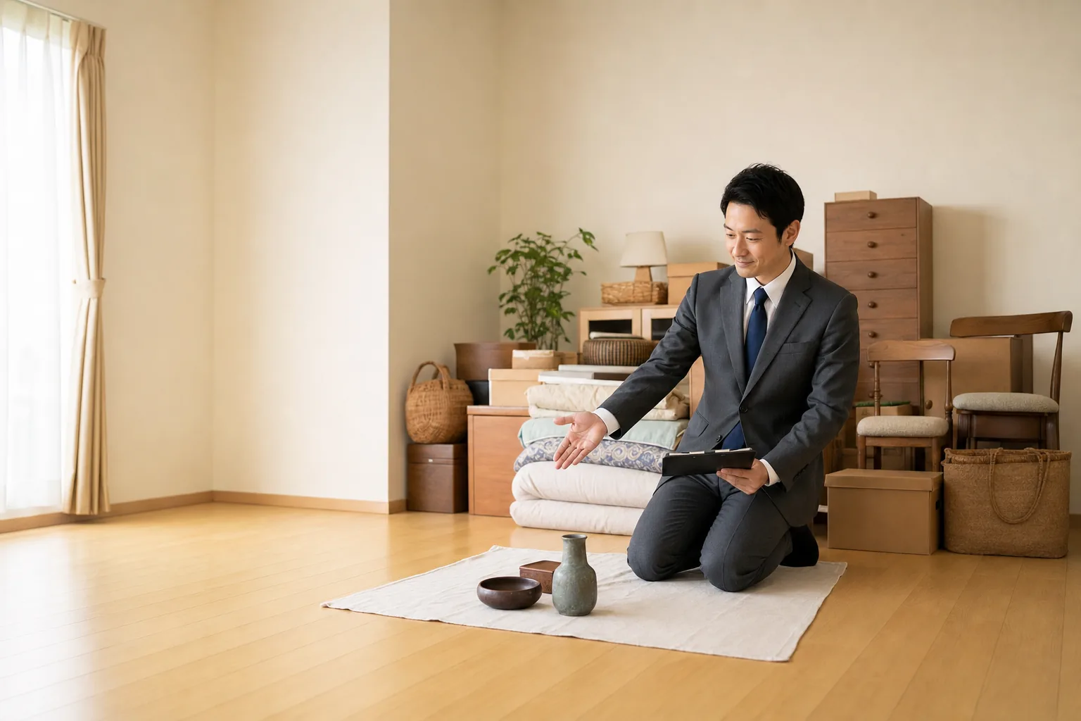 スーツ姿の査定士が、玄関先に並べられた家具や家電を高齢のお客様と一緒に確認している様子