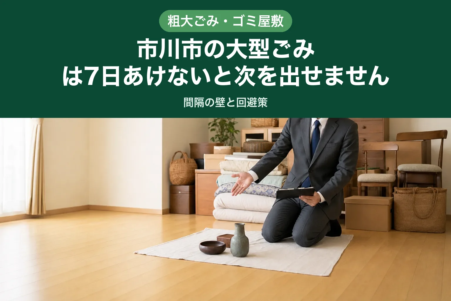 スーツ姿の査定士が、壁際に並んだ大量の家財のうち数点だけを手前に分けて示している様子