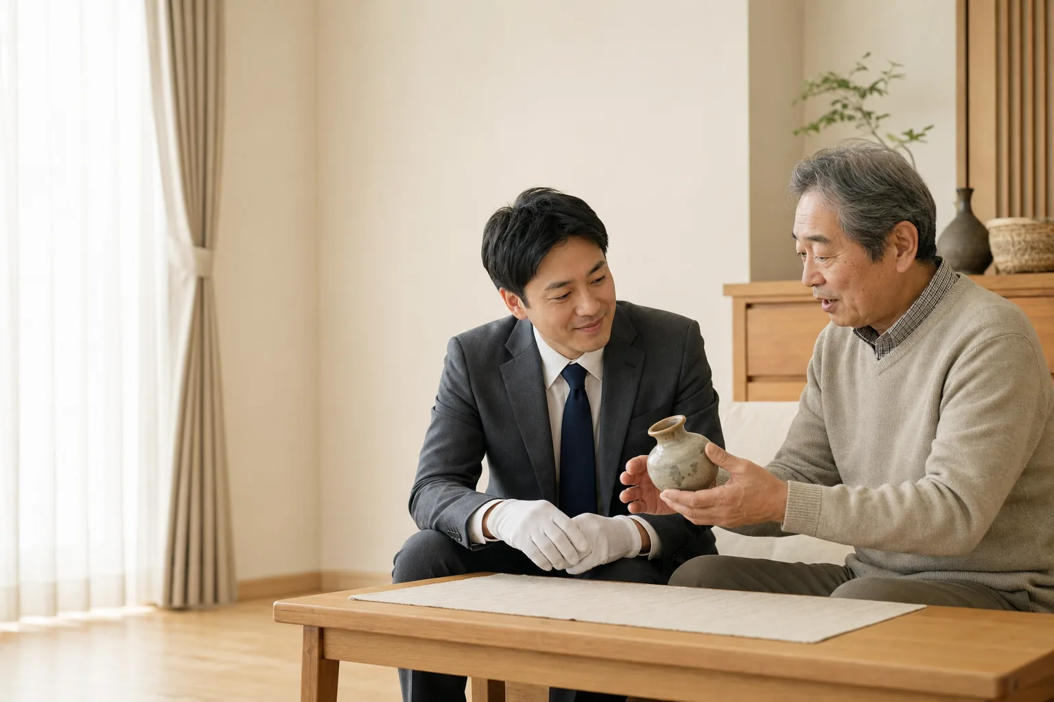 スーツ姿の査定士が、高齢のお客様と品物を確認しながら会話している自宅訪問査定の様子