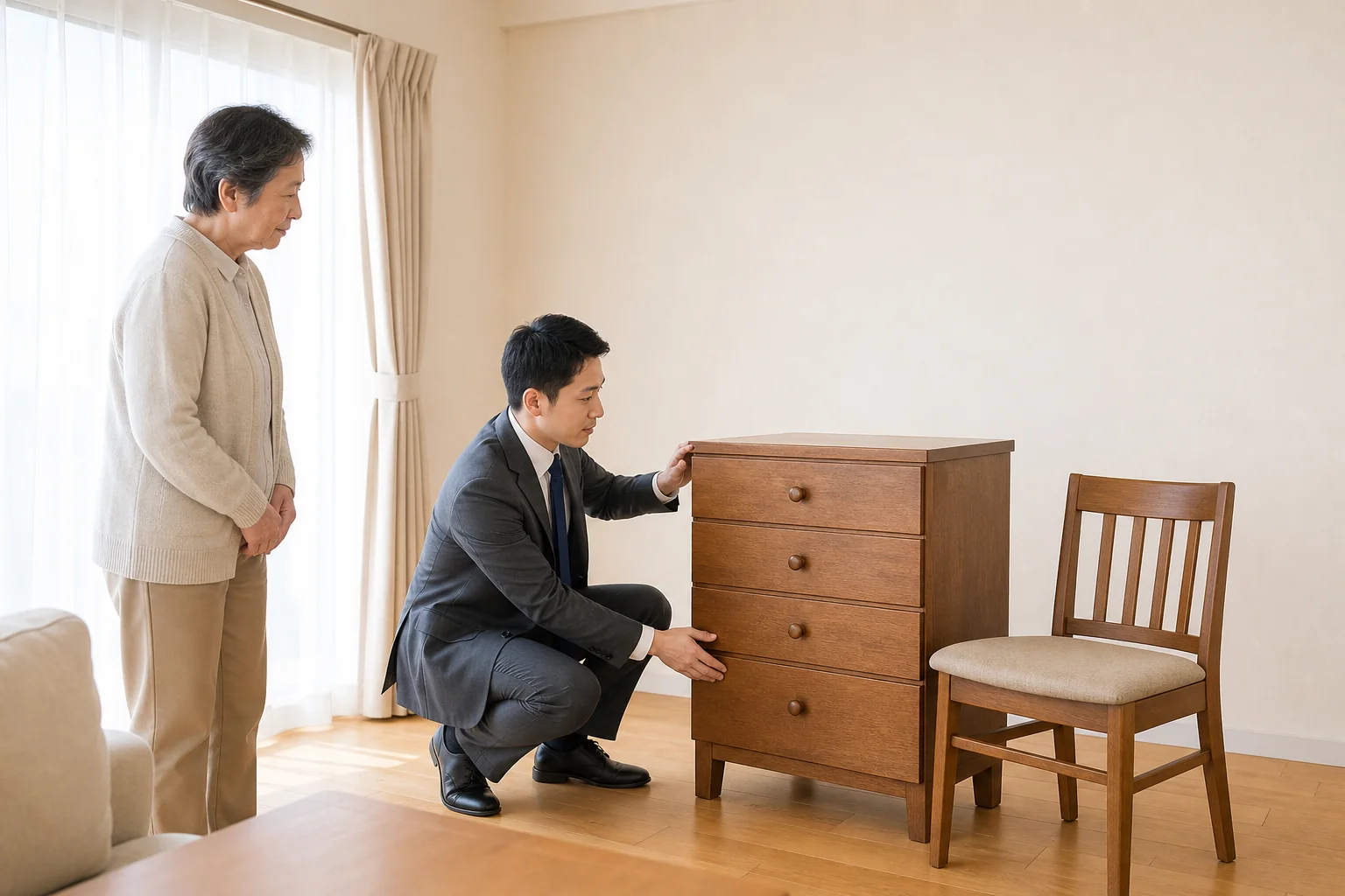 板橋区で粗大ごみの持ち込み条件を確認し、木製家具を整理する様子