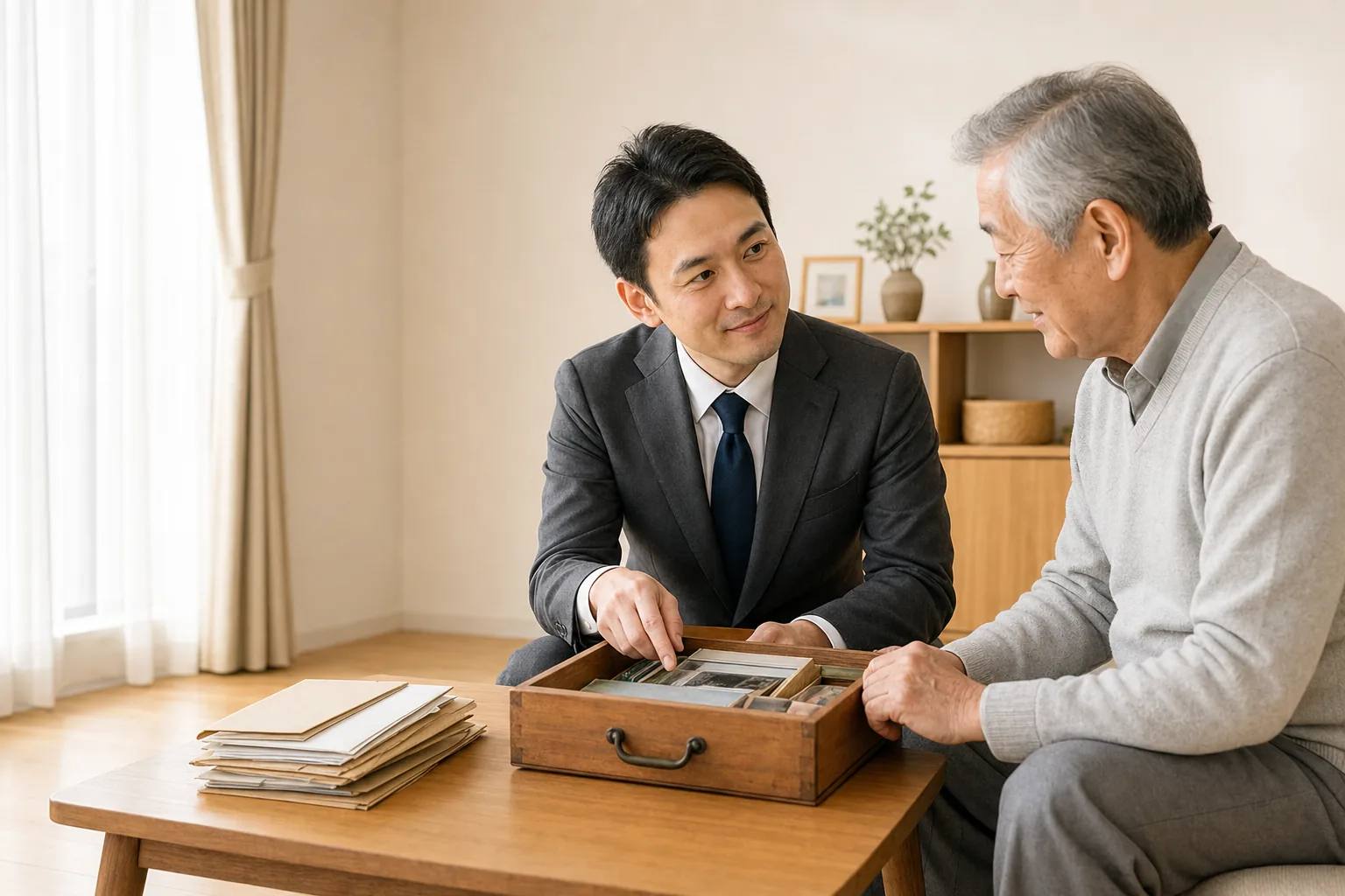スーツ姿の査定士が、高齢のお客様と一緒に引き出しの中身や書類を確認している実家の片付けの様子