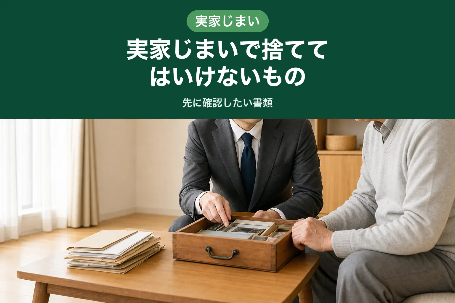 スーツ姿の査定士が、高齢のお客様と一緒に引き出しの中身や書類を確認している実家の片付けの様子