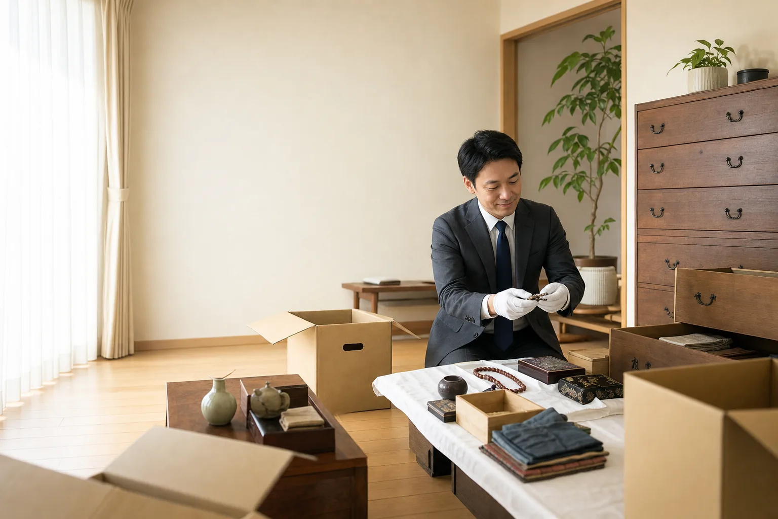 スーツ姿の査定士が、実家の和室で高齢のお客様と一緒に箪笥や段ボールの中身を確認している様子