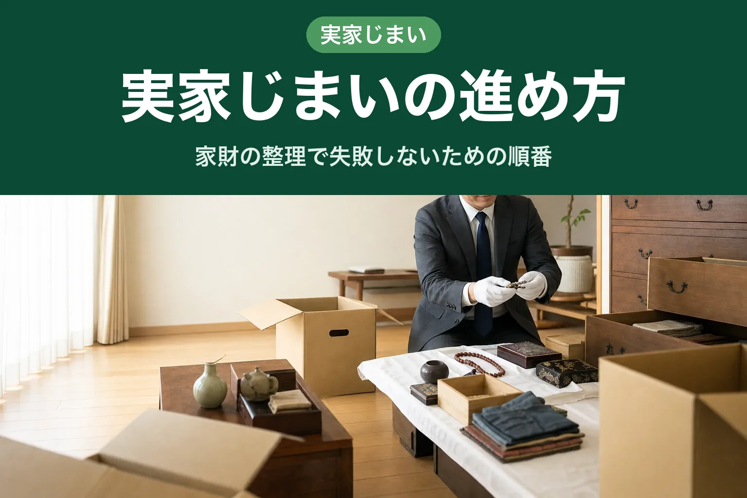 スーツ姿の査定士が、実家の和室で箪笥の引き出しの中身を一点ずつ確認している様子