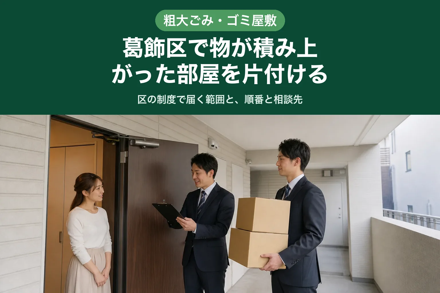 スーツ姿の査定士が、葛飾区の集合住宅の玄関前で、段ボール箱を運び出すもう一人のスタッフに指示を出しながら、手元の一覧表を女性のお客様に見せている様子