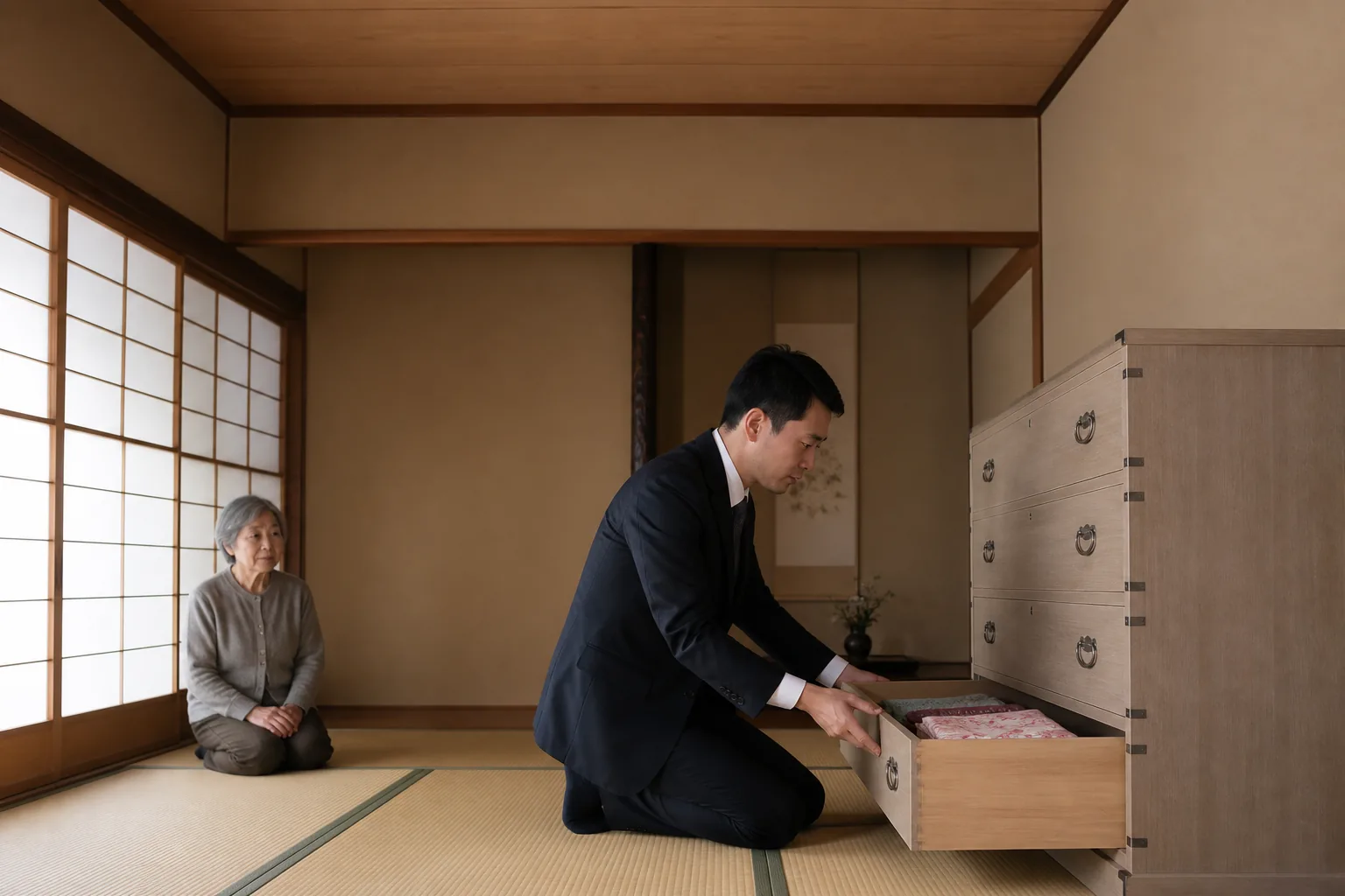 スーツ姿の査定士が、和室に置かれた桐たんすの引き出しを開けて中を確認し、お客様が畳に座って見守っている様子
