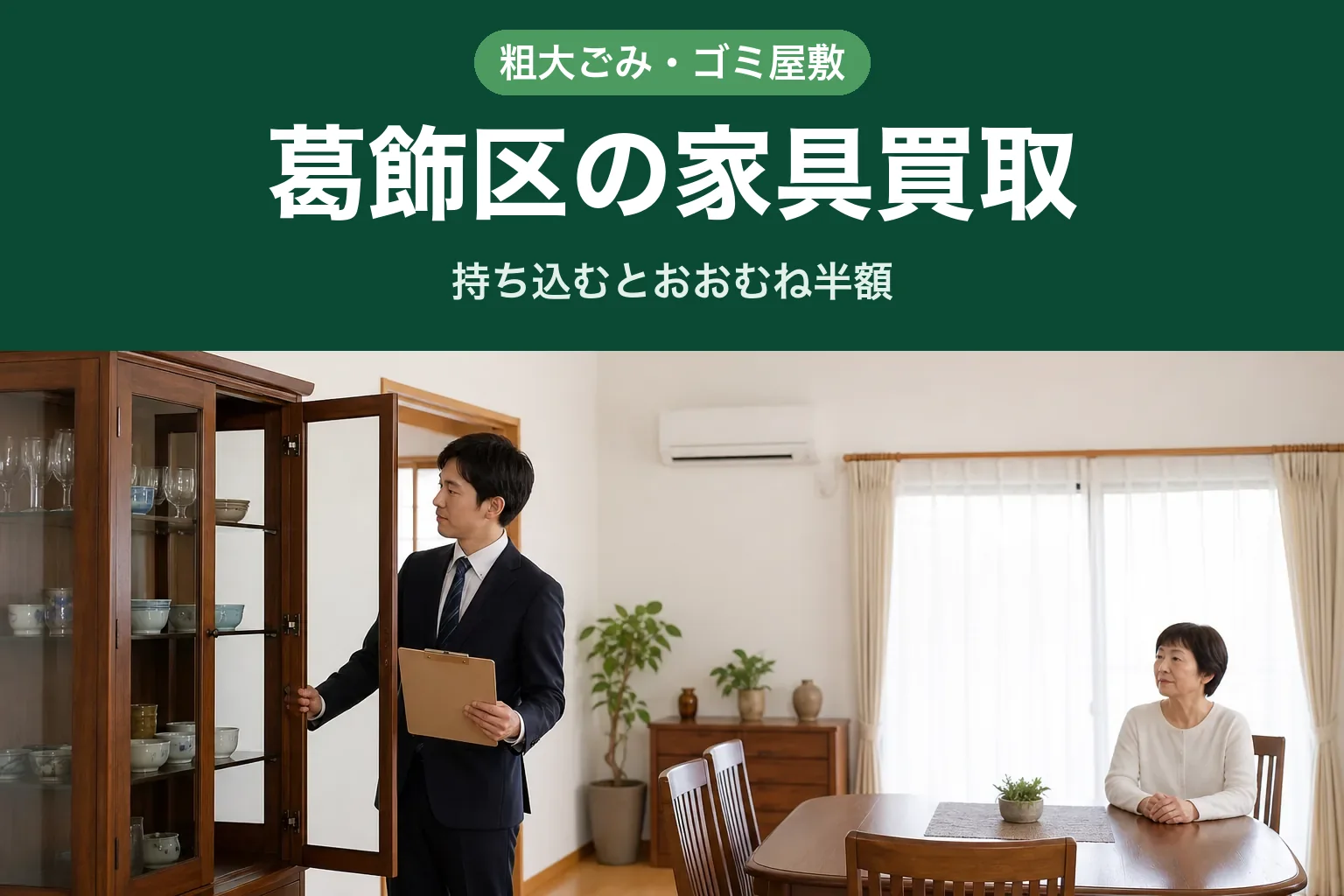 スーツ姿の査定士が、葛飾区のご自宅のリビングで木製の食器棚の扉を開け、状態を確認している様子