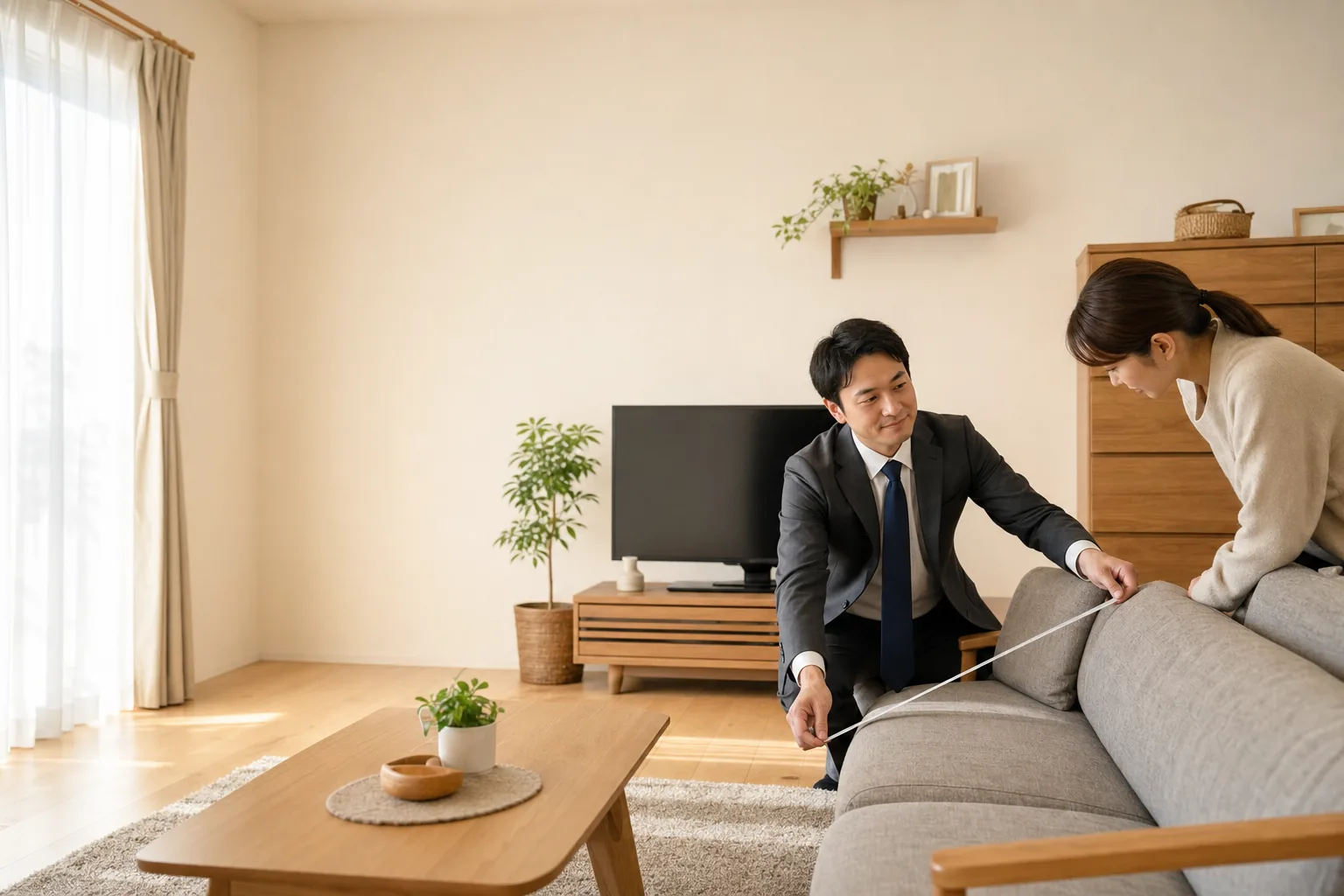 スーツ姿の査定士が、リビングに置かれた大きなソファの長さをメジャーで測り、お客様が横から数値を確認している様子