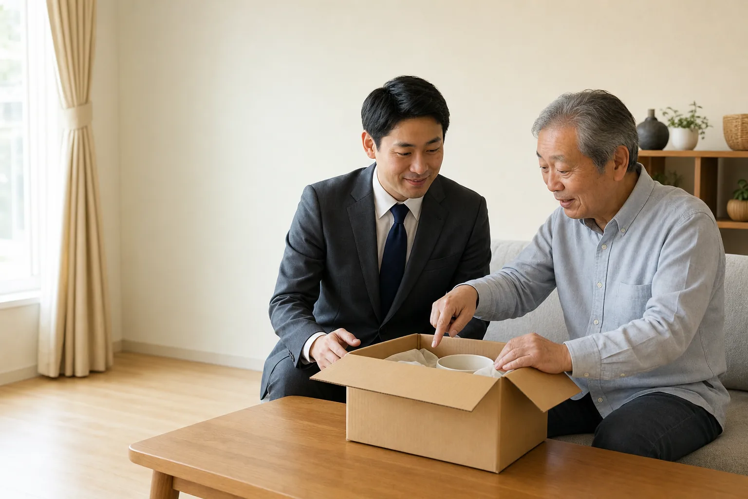 スーツ姿の査定士が、実家じまいで出てきた段ボール箱の中身を一つずつ確認している訪問査定の様子