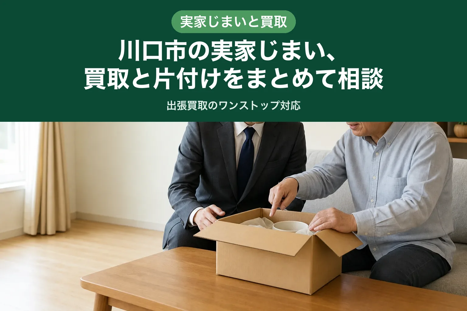 スーツ姿の査定士が、実家じまいで出てきた段ボール箱の中身を一つずつ確認している訪問査定の様子