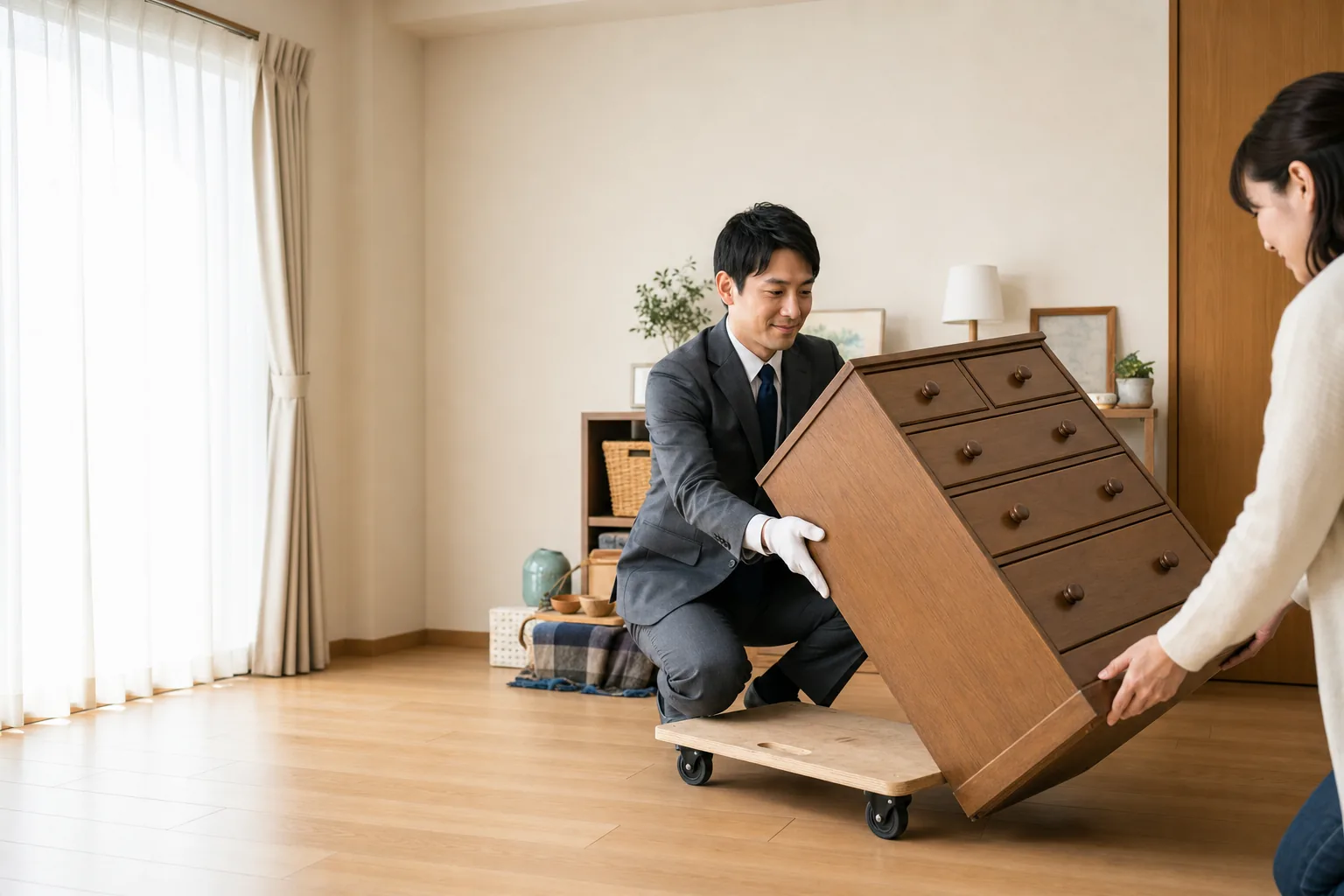 スーツ姿の査定士が木製のタンスを少し傾け、下に家具用の台車を差し込んで運び出す準備をしている様子。お客様が反対側を支えている