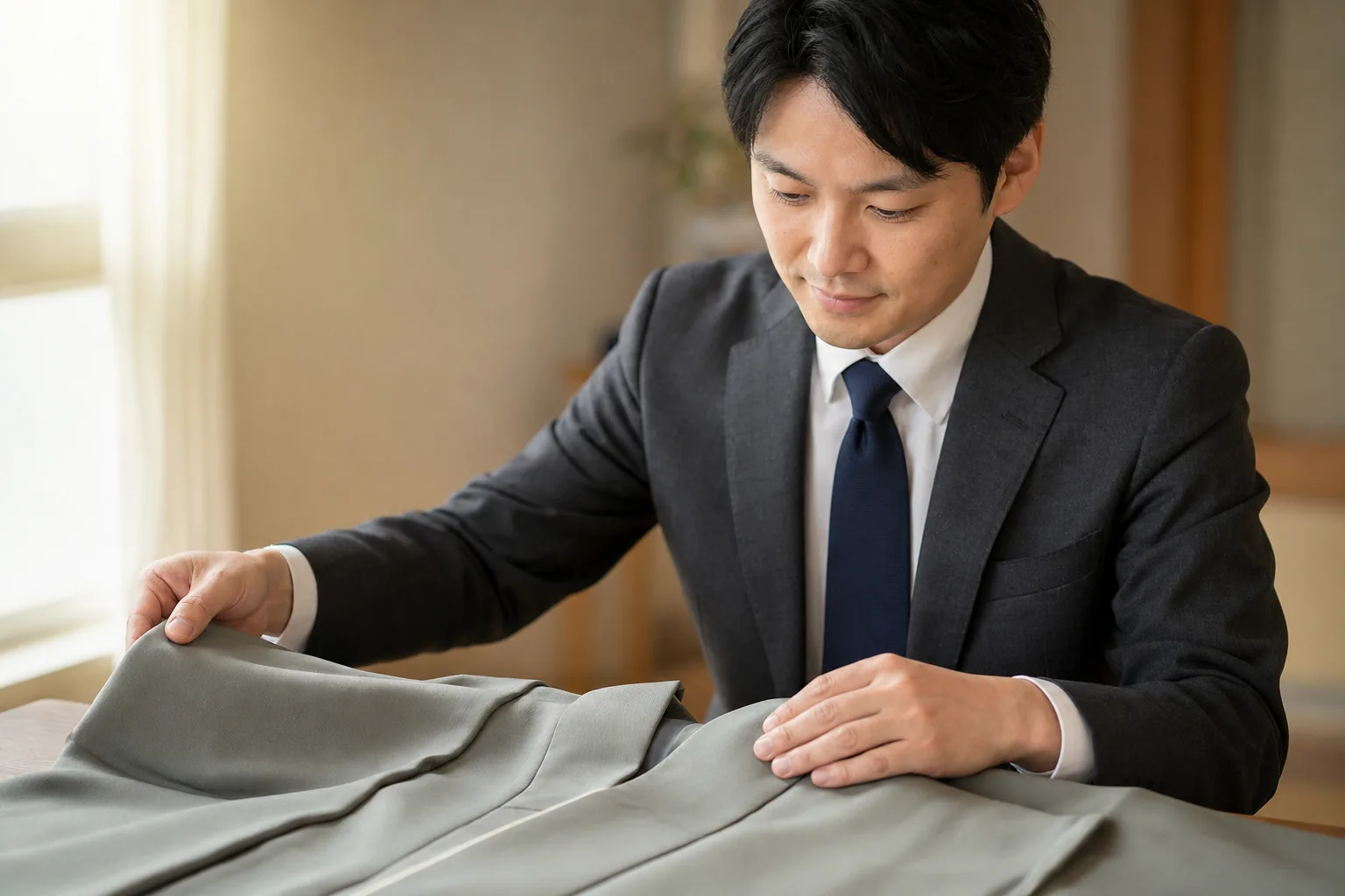 スーツ姿の査定士が、テーブルの上に丁寧に広げられた着物の生地を両手で優しく確認している自宅訪問査定の様子