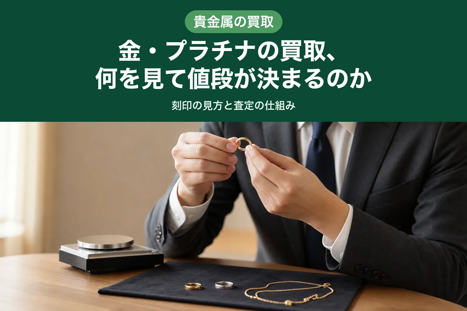 査定士の手元で、指輪やネックレスなどの貴金属を一点ずつ確認している査定の様子