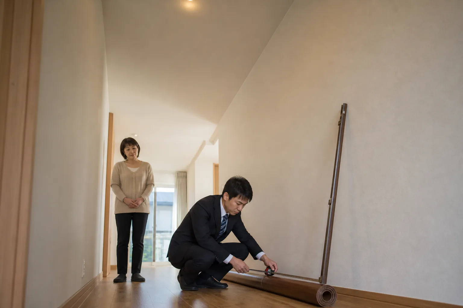 スーツ姿の査定士が、北区のご自宅の廊下でしゃがみ、床に丸めて置かれたウッドカーペットの長さをメジャーで測っている様子。壁には細長いカーテンレールが立てかけられている