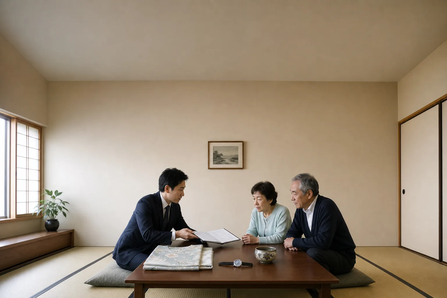 スーツ姿の査定士が、越谷市のご自宅の和室で座卓を挟んで高齢のご夫婦と向かい合い、たたんだ着物・腕時計・茶碗を前に書類を見せながら説明している様子