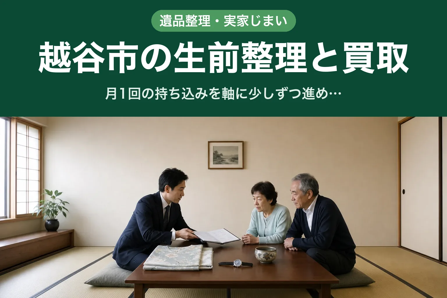 スーツ姿の査定士が、越谷市のご自宅の和室で座卓を挟んで高齢のご夫婦と向かい合い、たたんだ着物・腕時計・茶碗を前に書類を見せながら説明している様子