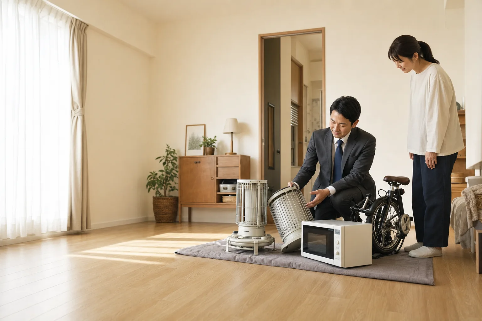 スーツ姿の査定士が、玄関先に運び出された家具や家電を高齢のお客様と一緒に確認している様子