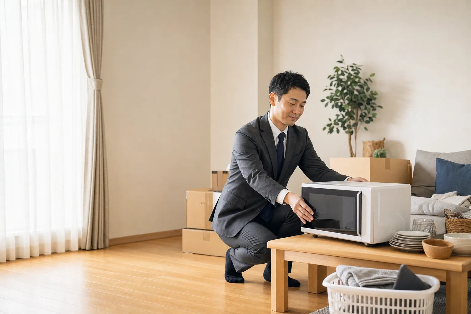 スーツ姿の査定士が、引っ越し用の段ボール箱が積まれた部屋でテーブルの上の電子レンジを確認している自宅訪問査定の様子