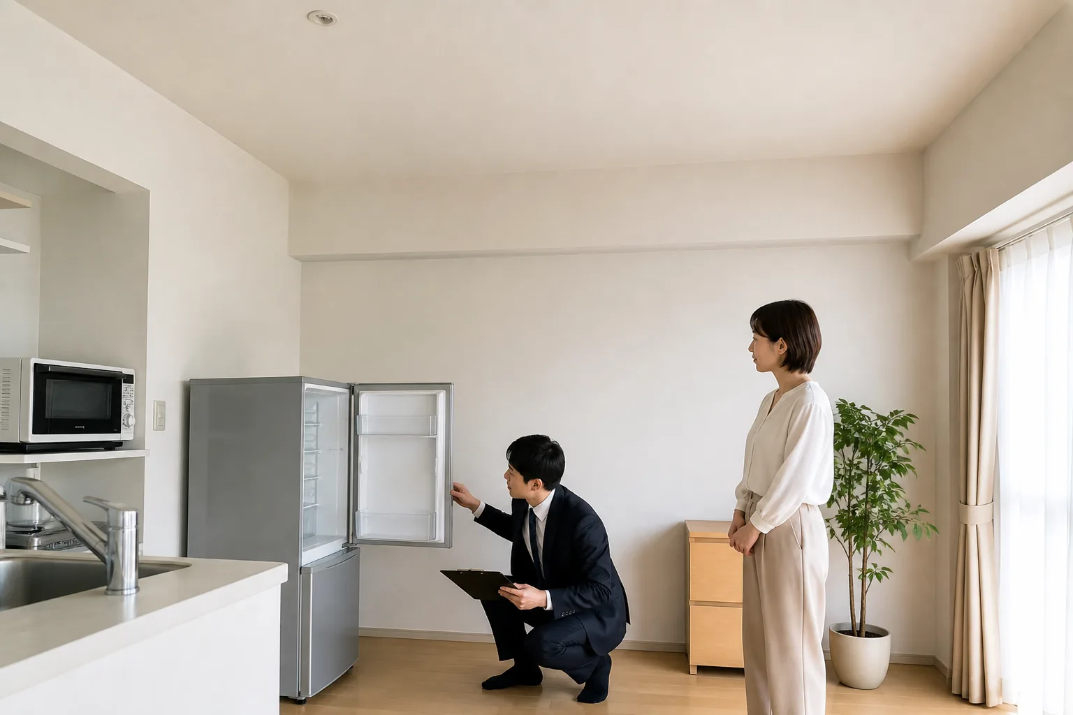 スーツ姿の査定士が、キッチンで冷蔵庫の扉を開け、バインダーを持って庫内を確認している様子。少し離れてお客様が見守っている