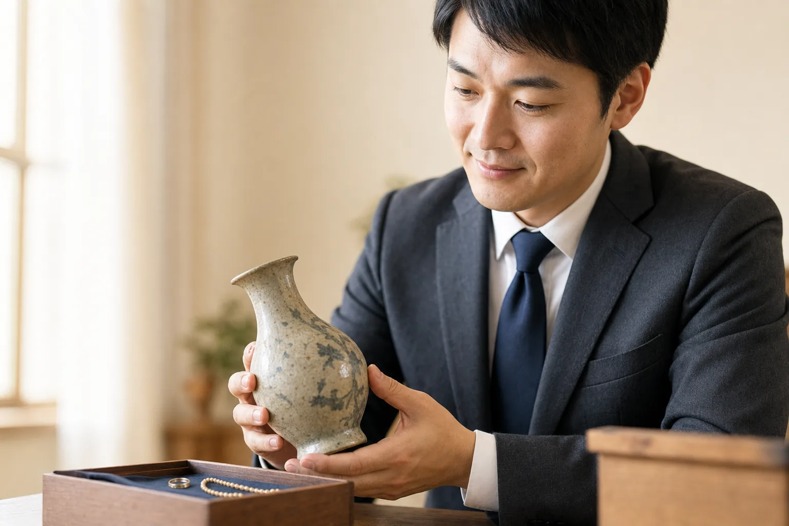 スーツ姿の査定士が、テーブルの上の陶器の壺と指輪・ネックレスの入った木箱を丁寧に確認している自宅訪問査定の様子
