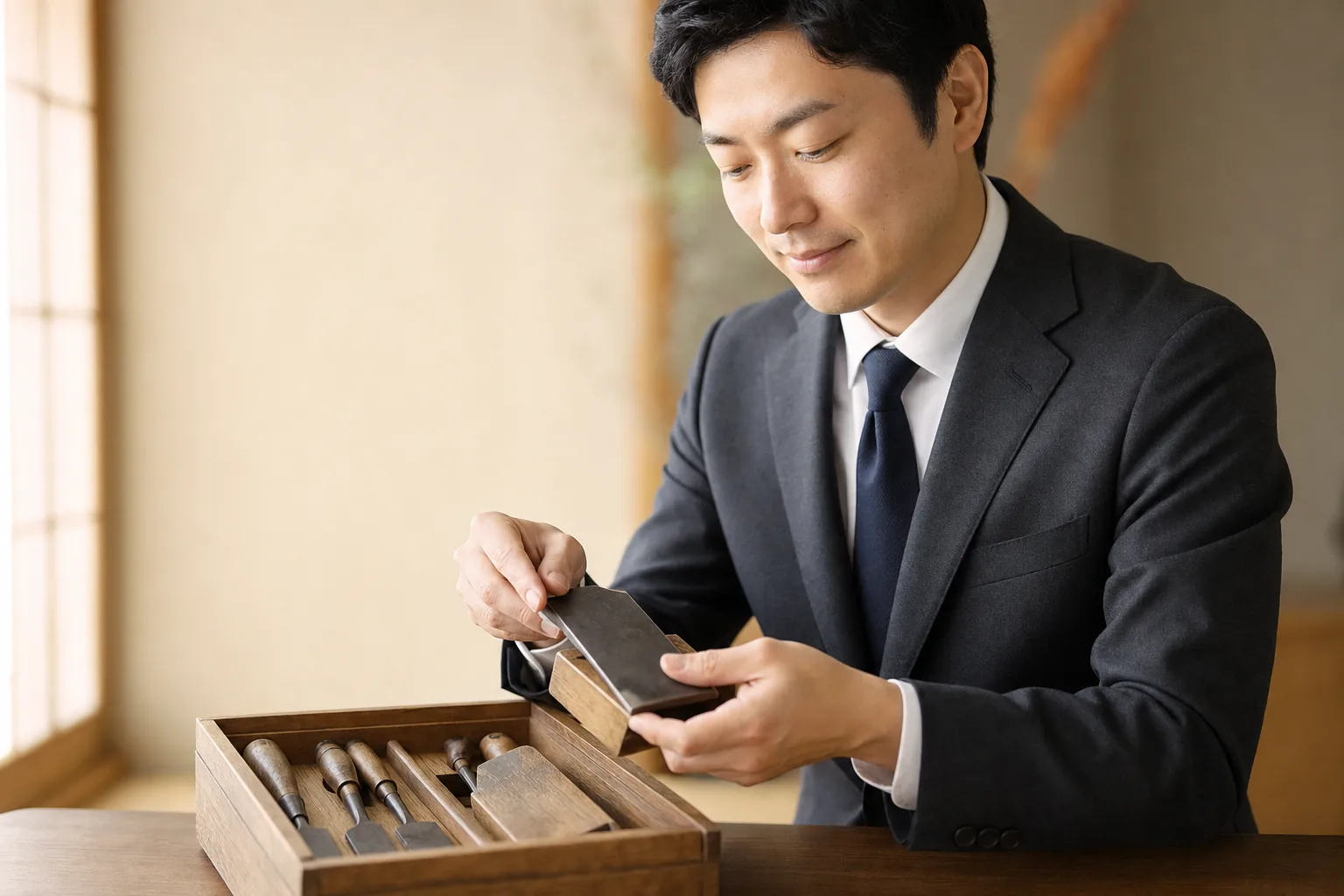 スーツ姿の査定士が、テーブルの上の工具箱とかんな・のみなどの大工道具を丁寧に確認している自宅訪問査定の様子