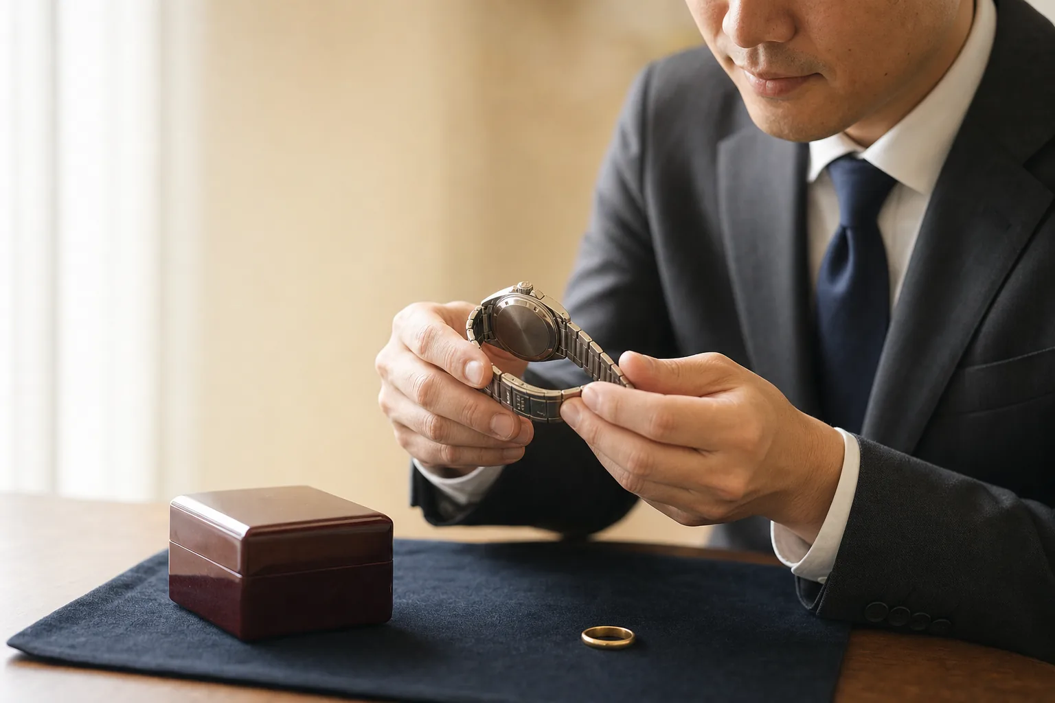 査定士の手元のクローズアップ。布の上に並べた腕時計・指輪・小箱のうち、腕時計を手に取って裏側を確認している様子