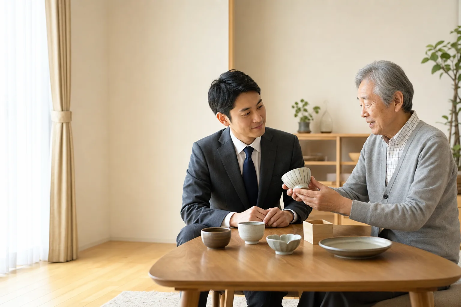 スーツ姿の査定士が、床に置かれた段ボール箱とテーブルの上の食器を確認しながら仕分けている訪問査定の様子