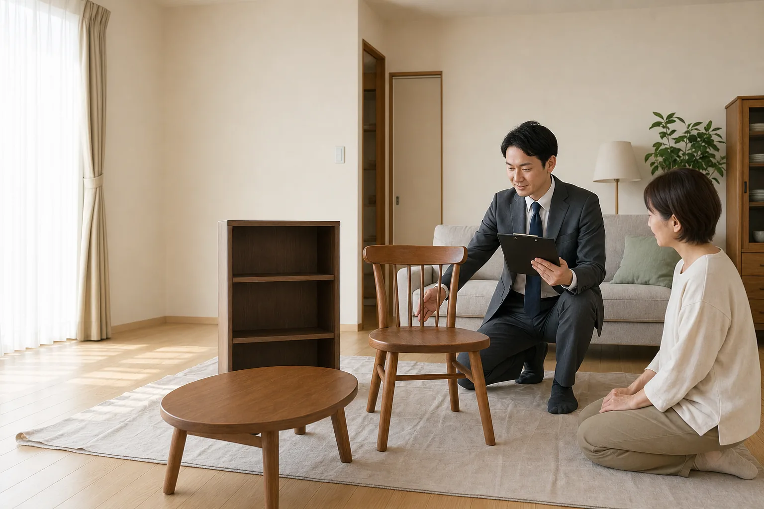 スーツ姿の査定士が、玄関先に運び出された椅子や小型家具を高齢のお客様と一緒に確認している様子