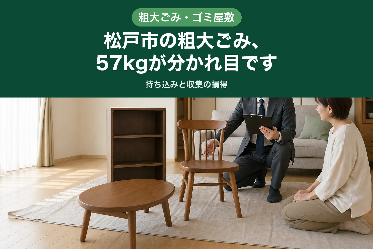 スーツ姿の査定士が、玄関先に並べられた椅子や本棚を高齢のお客様と一緒に確認している様子