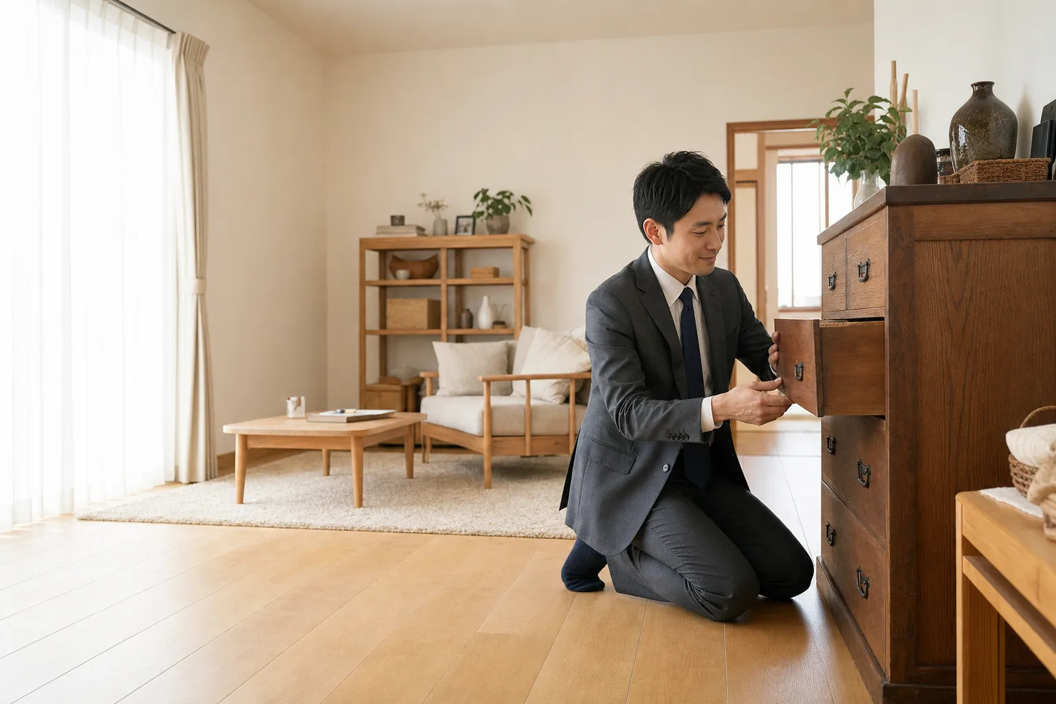 三郷市で粗大ごみの出し方を確認するため、室内の家具を整理する様子