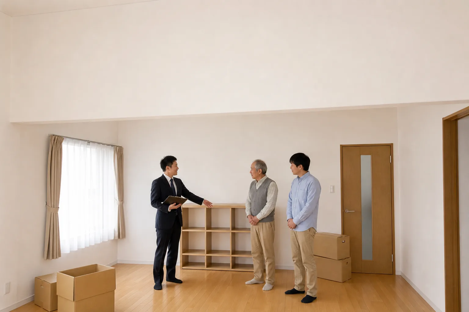 スーツ姿の査定士が、練馬区の戸建ての洋間で片付けの進んだ棚を指し示し、高齢の父親とその息子に説明している様子。床には段ボール箱が置かれている