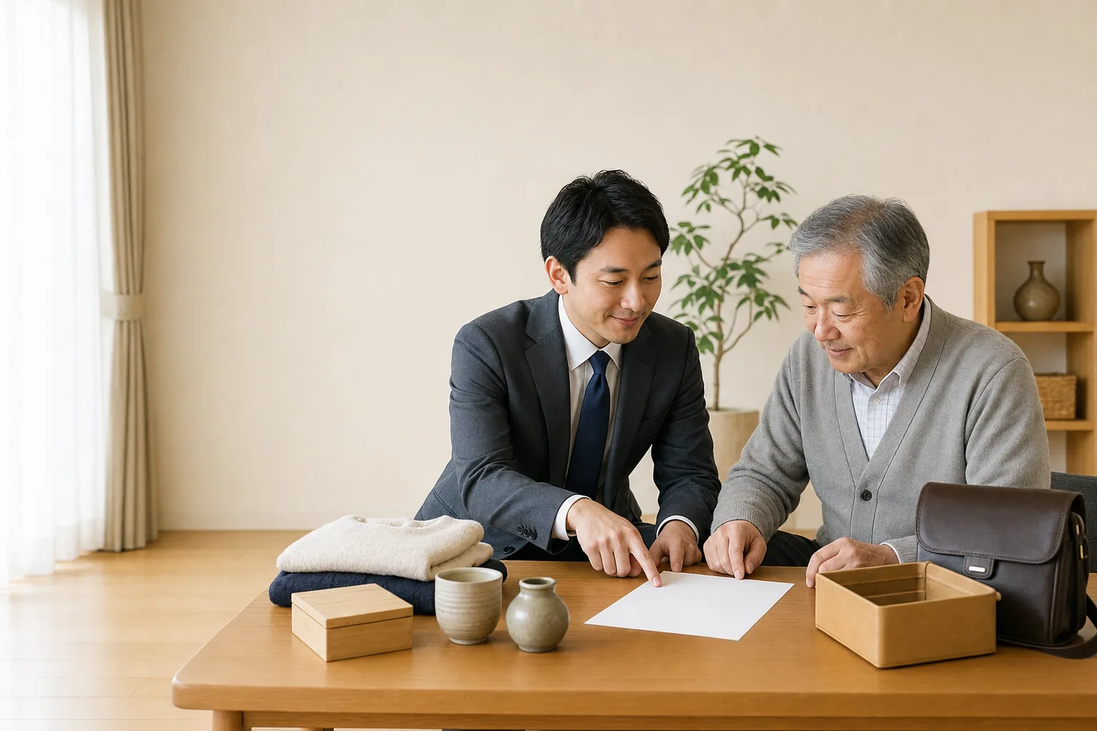 スーツ姿の査定士が、高齢のお客様と一緒にテーブルの書面を確認しながら、衣類や器などの品物を仕分けている訪問査定の様子