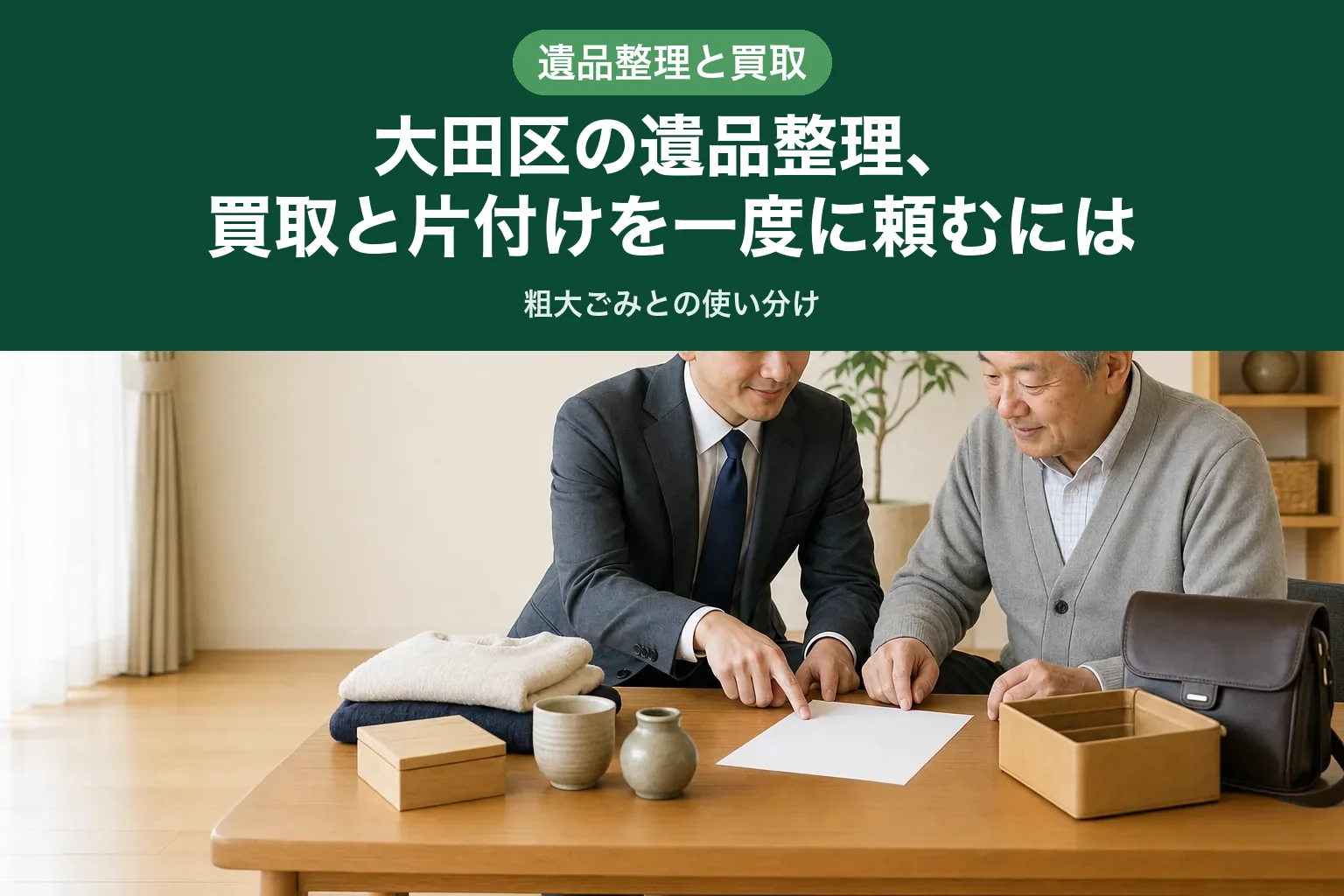 スーツ姿の査定士が、高齢のお客様と一緒にテーブルの書面を確認しながら品物を仕分けている訪問査定の様子