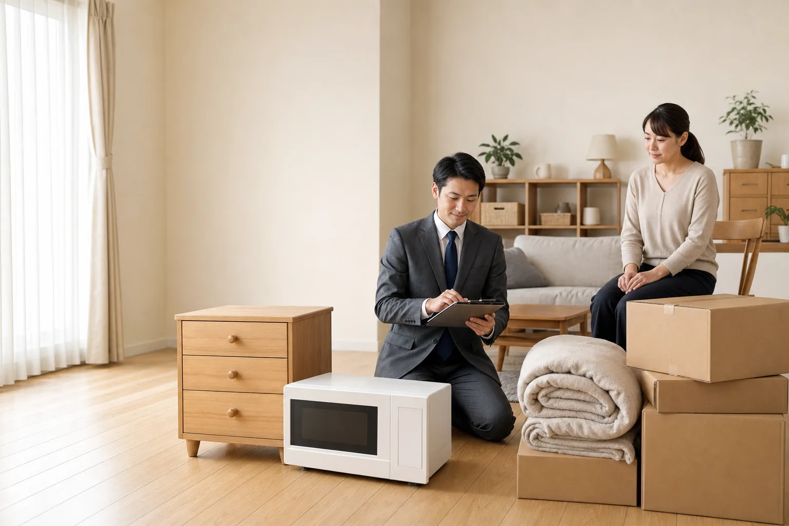 スーツ姿の査定士が、部屋に並べられた家電や家具を高齢のお客様と一緒に一点ずつ確認している様子