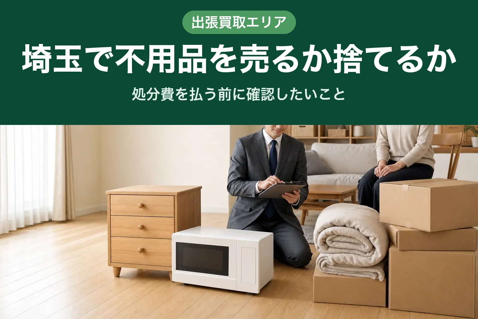 スーツ姿の査定士が、床に並べられた家電や家具を高齢のお客様と一緒に一点ずつ確認している様子