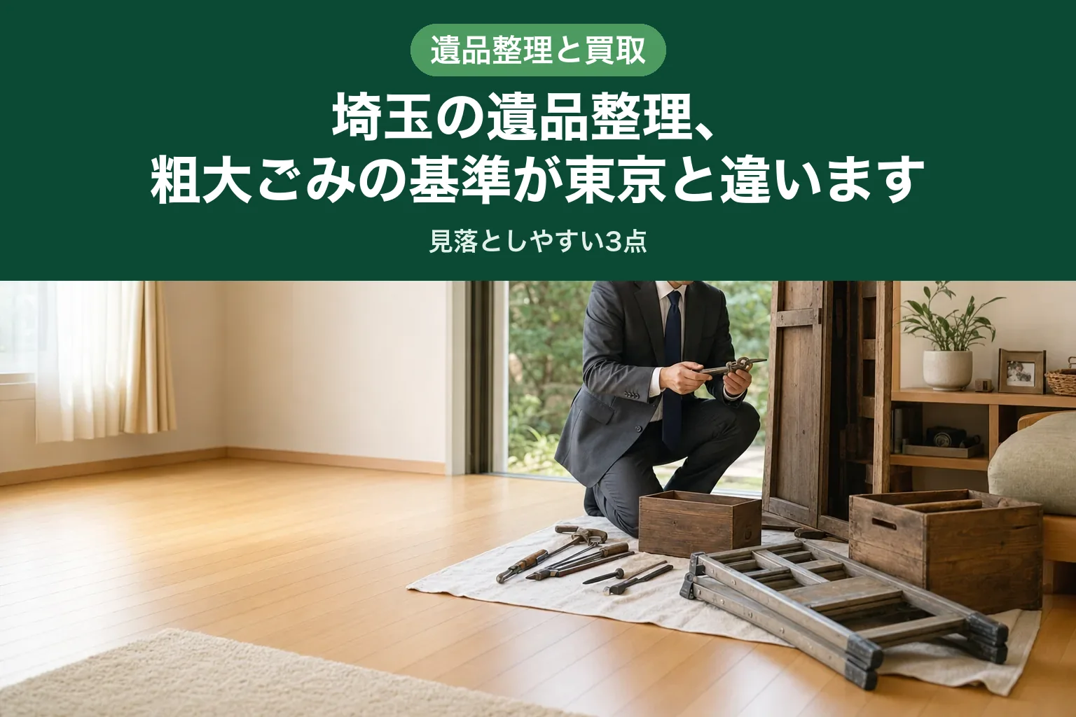 スーツ姿の査定士が、戸建ての物置から出した工具や古い家財を確認している様子