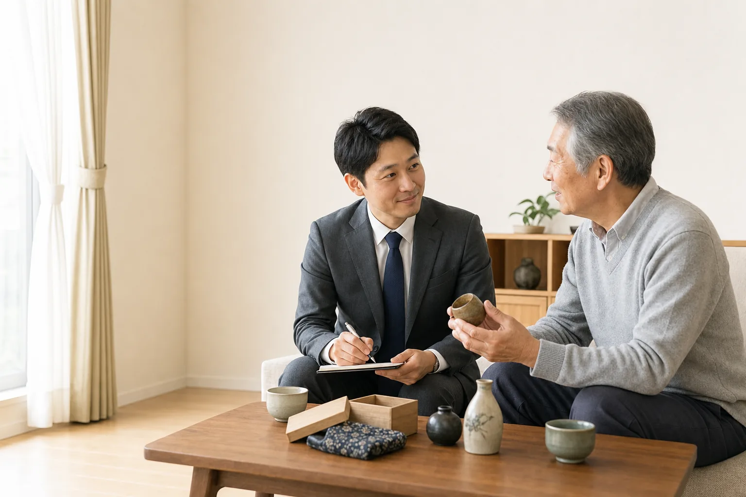 スーツ姿の査定士が、ご本人である高齢のお客様と一緒に品物を確認しながら、残すものと手放すものを相談している様子
