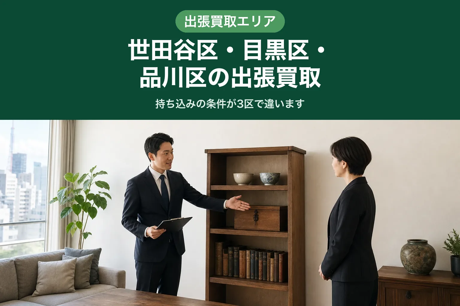 スーツ姿の査定士が、マンションの一室で木製の書棚に並んだ茶碗や桐箱を手で指し示しながら、向かい合って立つお客様に説明している様子