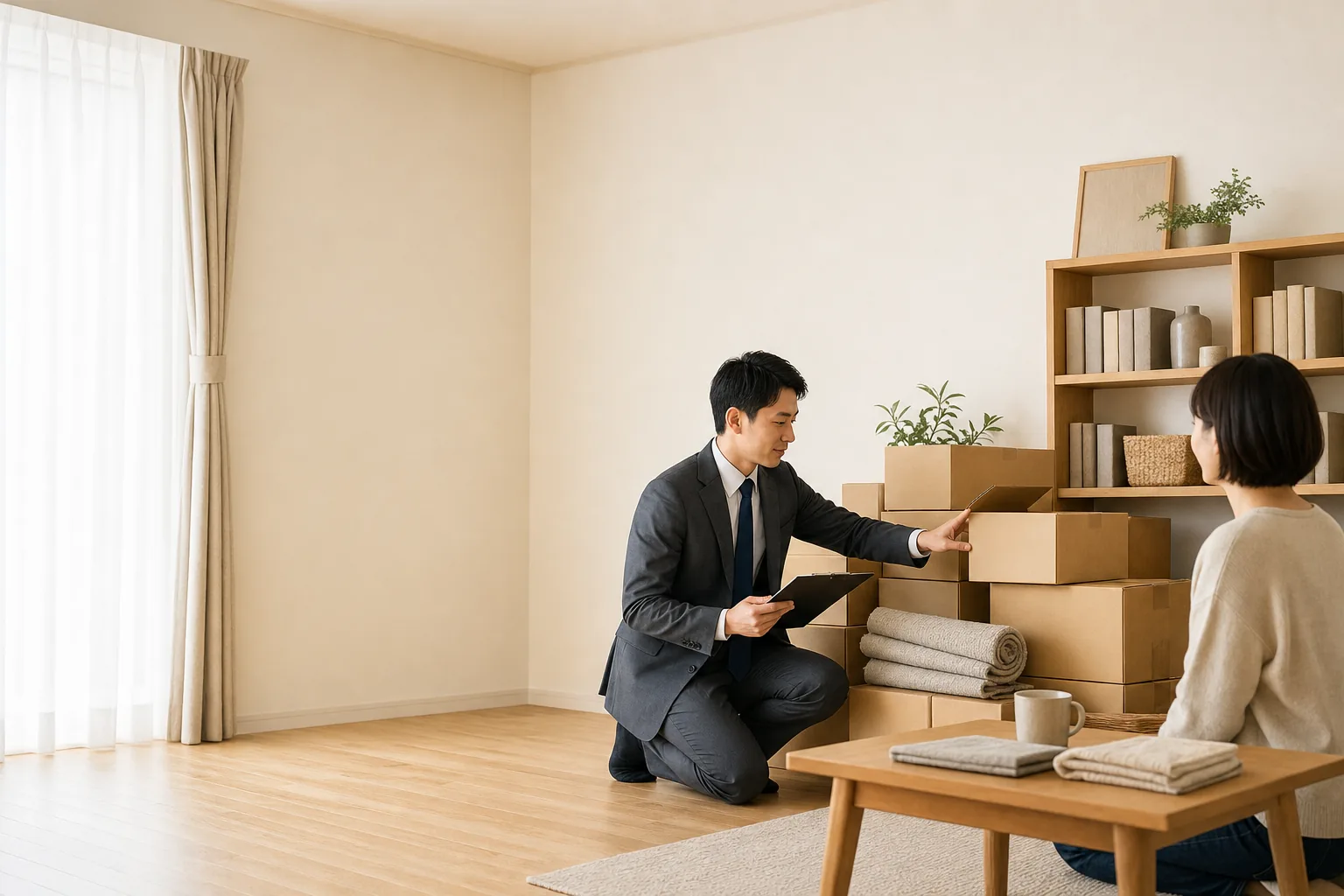 スーツ姿の査定士が、部屋に並べられた家具や家電を高齢のお客様と一緒に一点ずつ確認している様子