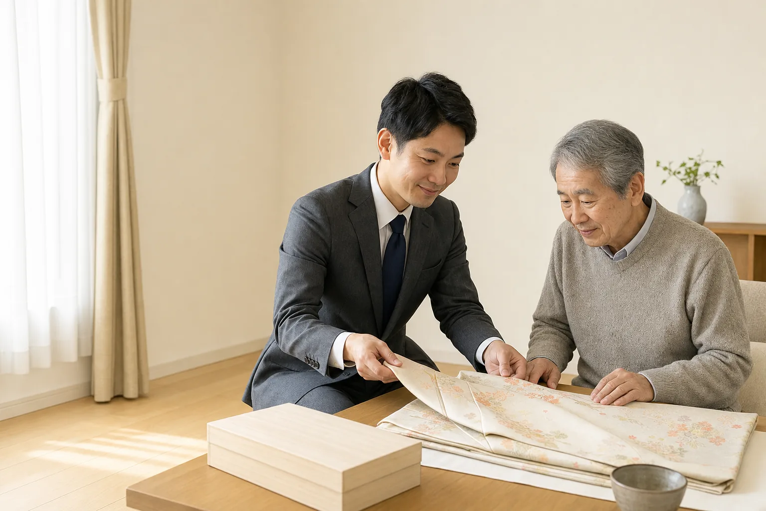 スーツ姿の査定士が、畳まれた着物と桐箱に入った器を、高齢のお客様と一緒に確認している訪問査定の様子