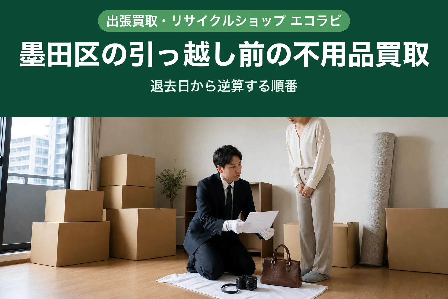 スーツ姿の査定士が、墨田区のマンションの引っ越し前の部屋で、段ボールが積まれた床にひざをついて小型家電とブランドバッグを確認し、そばに立つ30代くらいの女性に手元の書面を見せている様子
